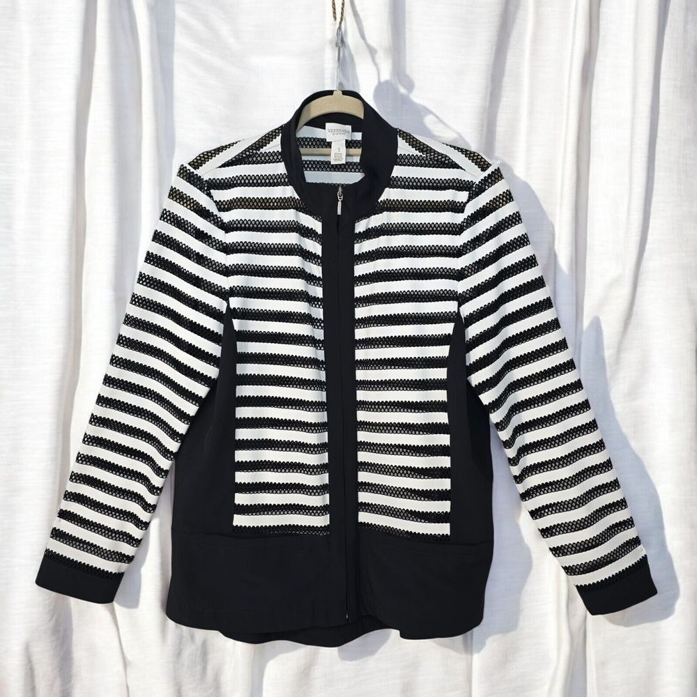 Weekends by Chico's Blazer Jacket Women Medium Full Zip Black Striped Nautical